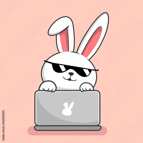 Cute Rabbit Playing Laptop Cartoon - Bunny Hiding Behind Laptop Cool with Sunglasses © Eriek
