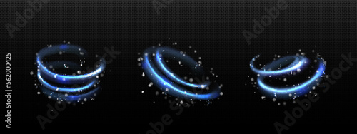 Cold winter light effect, swirl bright twinkle line. Wind vortex blow with snowflakes, blue blizzard trail isolated on transparent background. Fresh freezing flow, Realistic 3d vector illustration