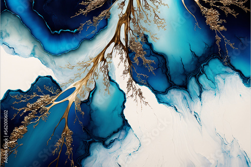 Abstract background alcohol ink blue white painting abstractblue white golden photo