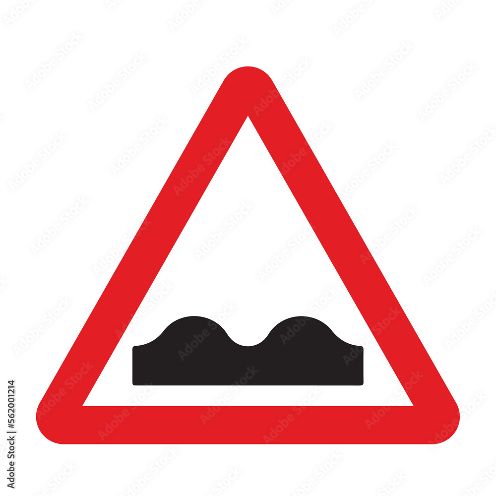 Uneven road conditions sign in a red triangle with black sign and traffic sign. UK and USA road sign with white background. Common traffic signs and symbol in the road in rounded triangle of black. Uneven road conditions sign in a red triangle with black sign and traffic sign. UK and USA road sign with white background. Common traffic signs and symbol in the road in rounded triangle of black.