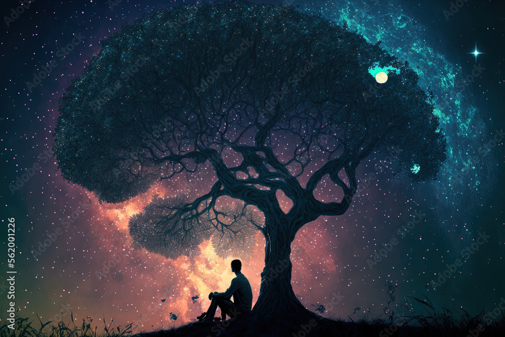 A man is seated under a tree and facing the cosmos. Generative AI