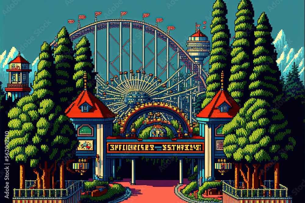 Pixel art amusement park, background in retro style for 8 bit game