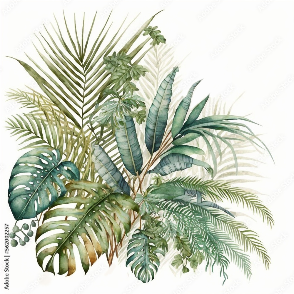 Fototapeta Beautiful stock illustration with watercolor tropical plant composition.