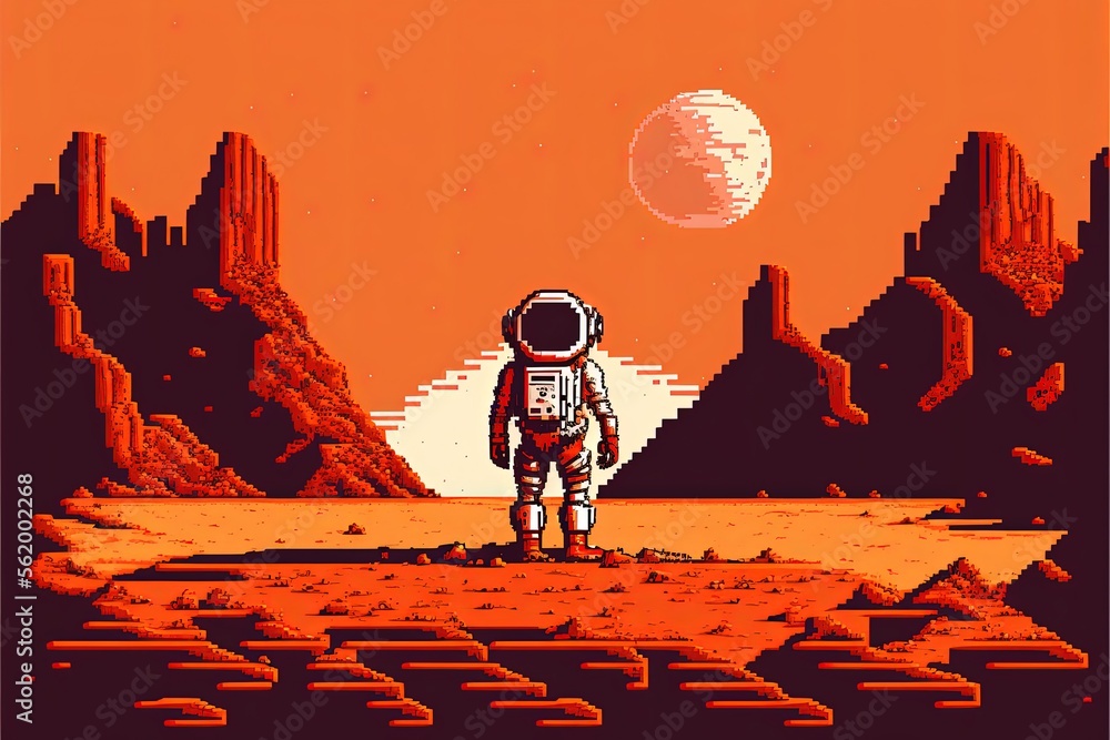 Pixel art astronaut on the planet mars, background in retro style for 8 ...