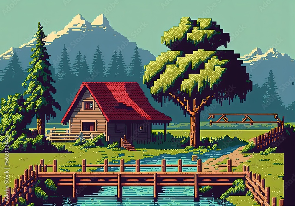 Fototapeta premium Pixel art countryside, field with house, wooden bridge, river and trees, background in retro style for 8 bit game, Generative AI