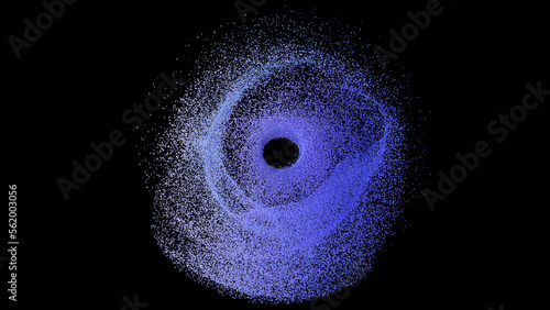 3D rendering of formation of sand particles with vivid color arranged in circular or orbital motion on black background