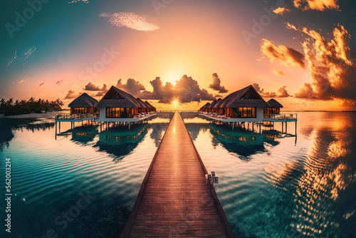 Amazing Maldives sunset panorama luxurious resort villas with soft LED lighting and a vibrant sky. Generative AI