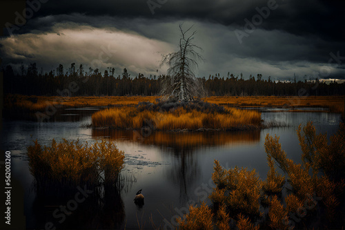 A small island with a dry tree in swamp water in Siberia with black clouds in the fall. © ObukhovART