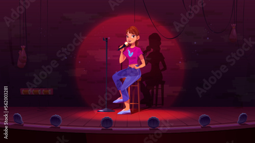 Female stand-up comedian character performing on stage. Vector cartoon illustration of young woman sitting on wooden stool, speaking in microphone, entertaining audience in night club. Comedy show