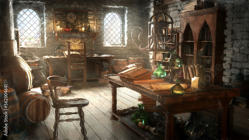 The alchemists' room with a lot of different junk, tables, books, barrels, a lot of flasks as well as mystical parchments and scrolls, shelves with books in beautiful daylight. 2d art