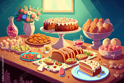 Easter serving table with scrumptious food in background. Generative AI