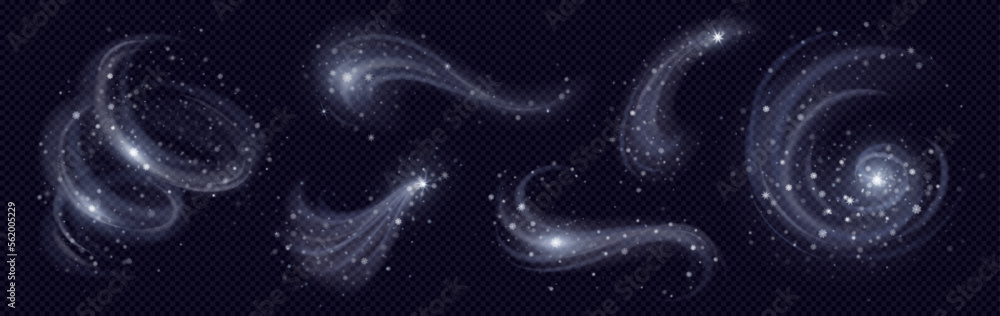 Effect of cold winter wind with snow. White air clouds with snowflakes and ice particles in shape of whirlwind, wave, spray and flow, vector realistic set isolated on transparent background