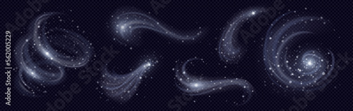 Effect of cold winter wind with snow. White air clouds with snowflakes and ice particles in shape of whirlwind, wave, spray and flow, vector realistic set isolated on transparent background