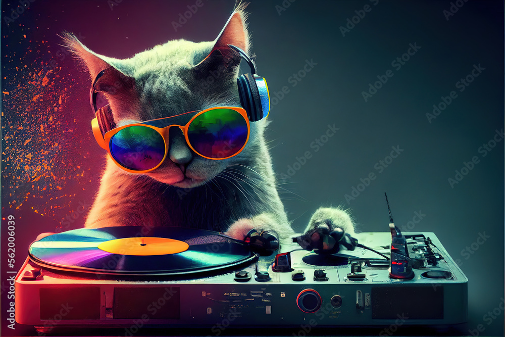 cool dj cat listening to music with headphones on and sunglasses Stock  Illustration | Adobe Stock