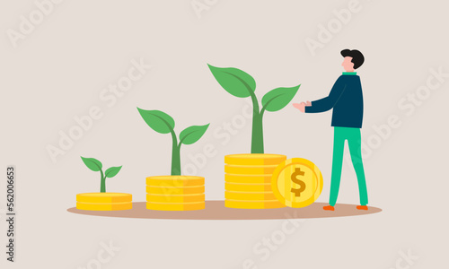 vector illustration of Financial or investment growth, increase earning profit and capital gain, success in wealth management concept, caring for money-producing plants, earning, gold coins, income.