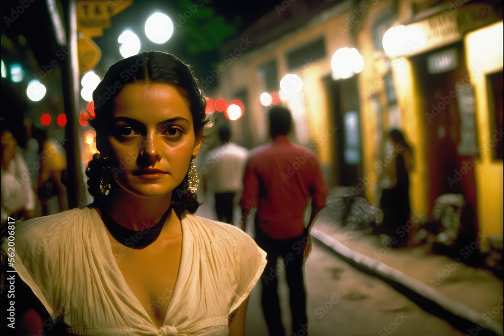 young woman in Mexico City street at night looking at the camera . This image was created with generative AI young woman in Mexico City street at night looking at the camera . This image was created with generative AI