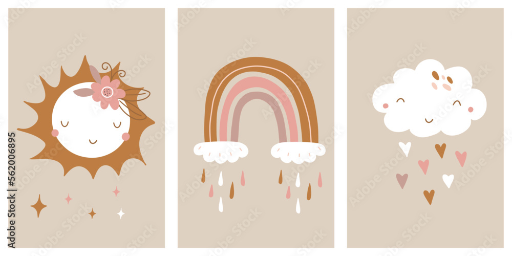 Vector collection of children's wall art. Cute hand drawn design with cloud, rainbow and sun in boho style for nursery decoration and textile. Vector collection of children's wall art. Cute hand drawn design with cloud, rainbow and sun in boho style for nursery decoration and textile.