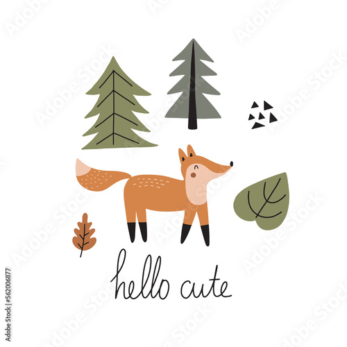 Scandinavian style poster for nursery. Cute fox vector illustration.