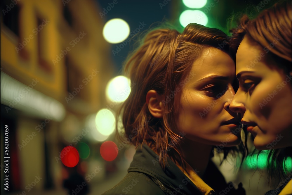 Young lesbian couple in their moment of intimacy at night in the street. This image was created with generative AI Young lesbian couple in their moment of intimacy at night in the street. This image was created with generative AI