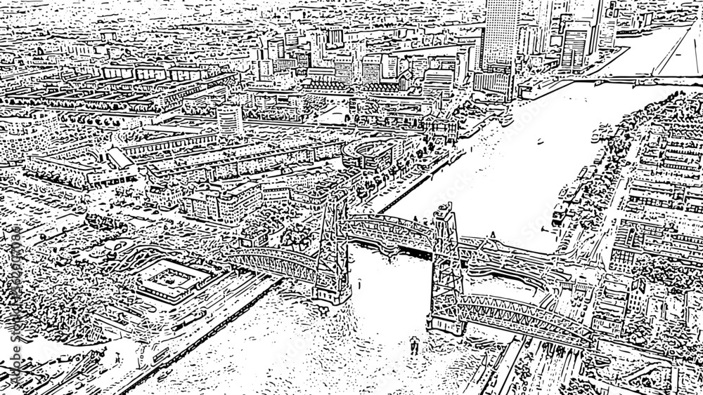 Rotterdam, Netherlands. De Hef Drawbridge and Koninginnebrug Bridge. Doodle sketch style. Aerial view