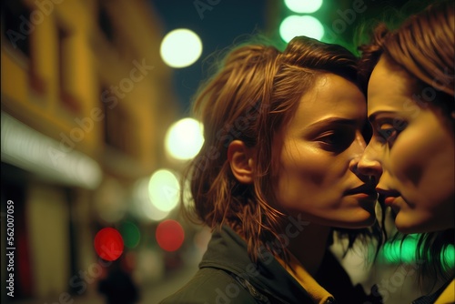 Young lesbian couple in their moment of intimacy at night in the street. This image was created with generative AI