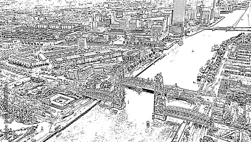 Rotterdam, Netherlands. De Hef Drawbridge and Koninginnebrug Bridge. Doodle sketch style. Aerial view photo