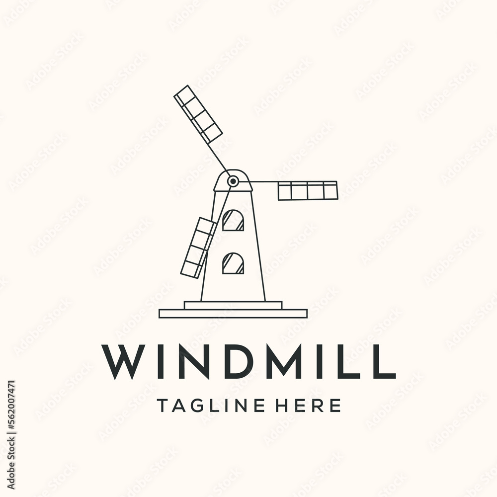 traditional windmill line art logo vector minimalist illustration design, wind farm logo design