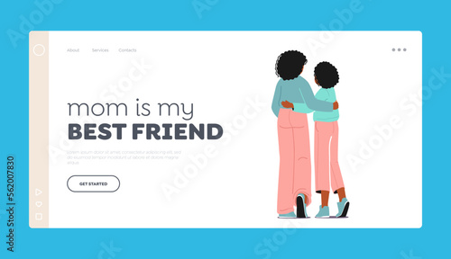 Mother is the Best Friend Landing Page Template. Loving Mommy and Daughter Hugging. Black Mom and Girl Embrace