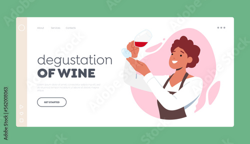 Wine Degustation Landing Page Template. Sommelier Female Character Tasting Wines Cartoon Vector Illustration