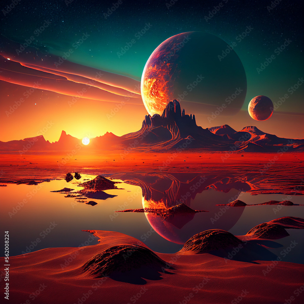 beautiful alien landscape with planets in the liquid sky on the ground ...
