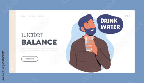 Water Balance Landing Page Template. Male Character Drink Water. Happy Fit Man Enjoying Refreshing Beverage