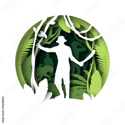 Man traveler in jungle paper cut 3d vector