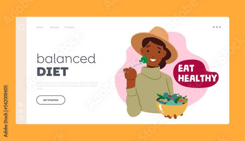 Balanced Diet Landing Page Template. Health Care, Immunity Boost Concept with Person Eat Vegan Meal Vector Illustration