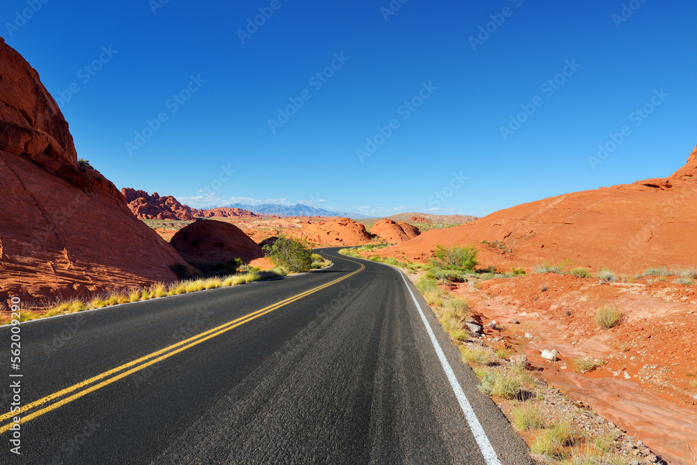 A road leading through sandstone formations in Valley of Fire State Park, Nevada, USA.