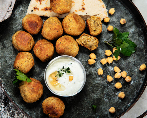 Chickpeas falafel with pita,sauce photo