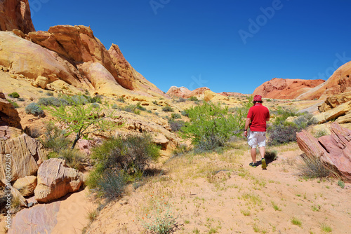 Young male hiker exploring amazing sandstone formations in Valley of Fire State Park, Nevada, USA.