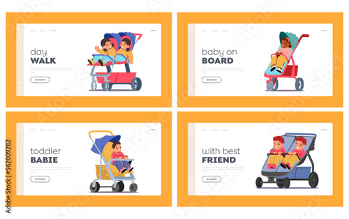 Children Sitting in Strollers Landing Page Template Set. Cute Toddlers Boys and Girls Characters Sit in Prams