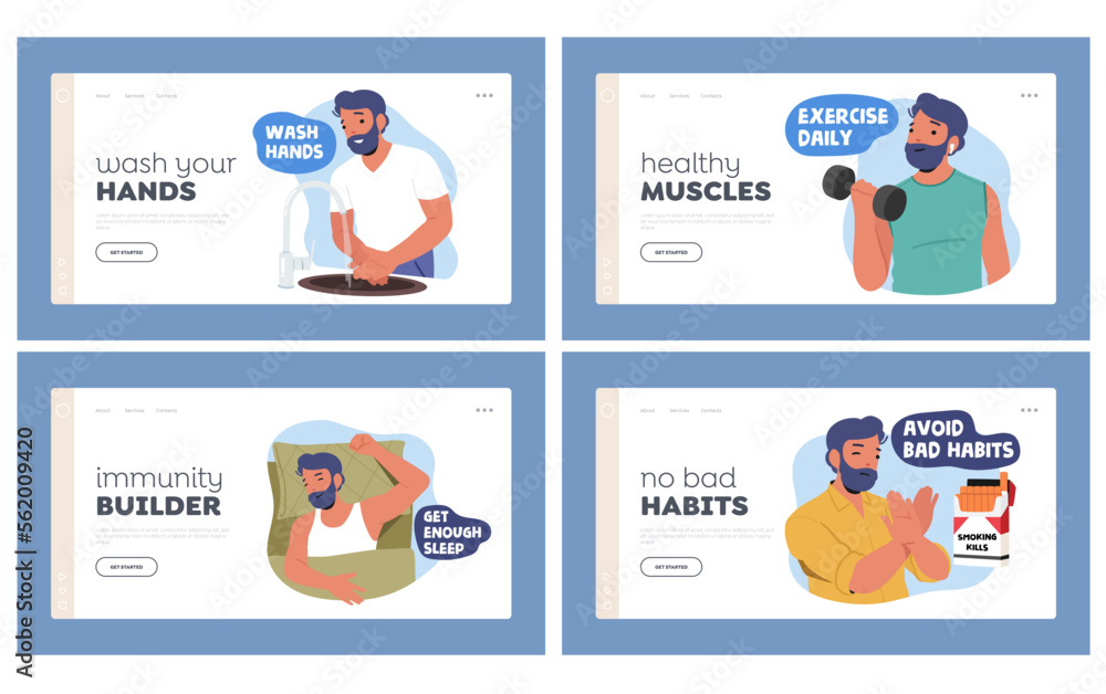 How to Boost Immunity Landing Page Template Set. Male Character Sleep, Exercise, Wash Hands, Drink Water, Eat Healthy