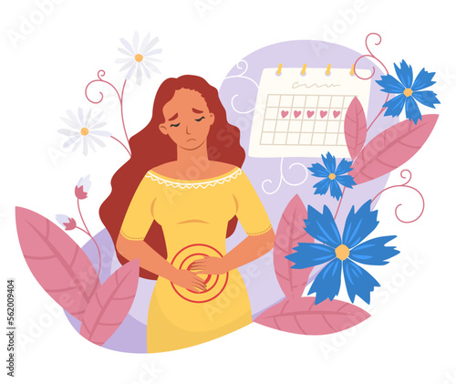 Woman having period pain flat vector illustration