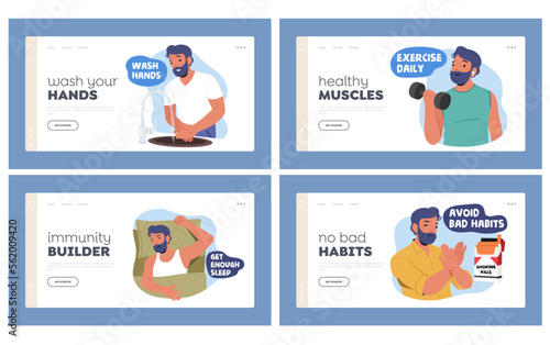 How to Boost Immunity Landing Page Template Set. Male Character Sleep, Exercise, Wash Hands, Drink Water, Eat Healthy