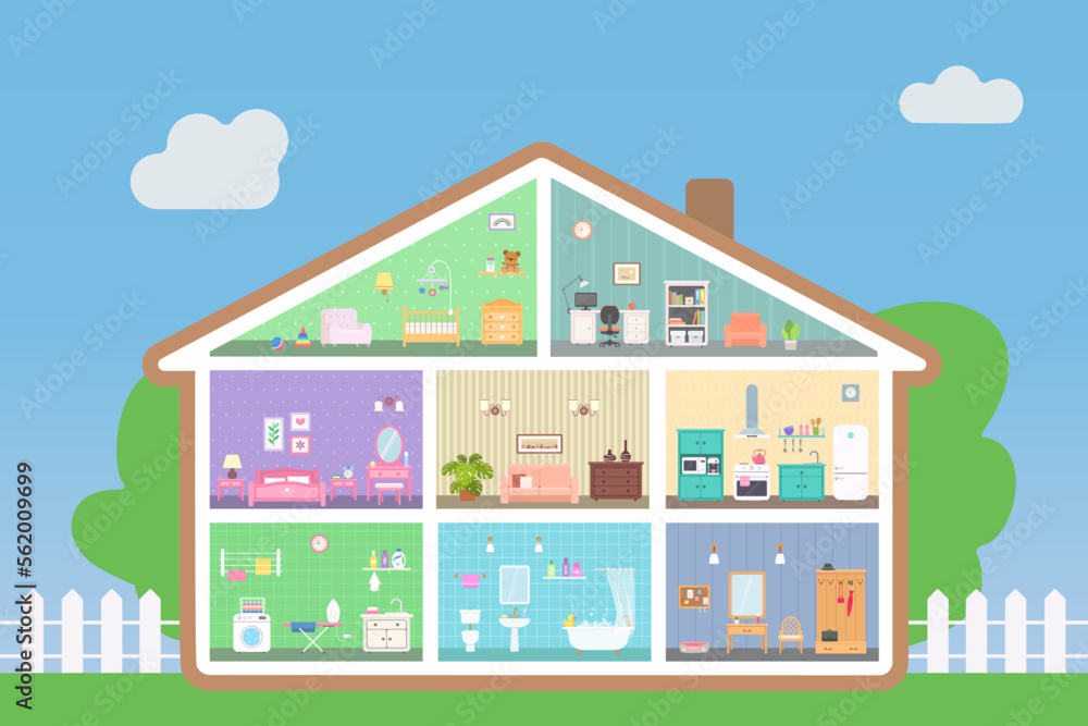 Dollhouse with eight rooms with interior, in cross section. Dollhouse interior concept. Cartoon flat style. Vector illustration