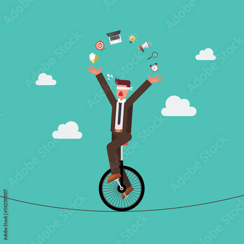 Blind businessman riding unicycle on a wire