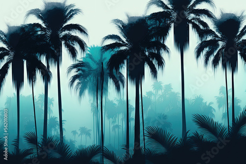 exotic plants that seem lovely against the sky. gorgeous palm tree rows against a foggy sky. Background of palm trees for a banner or site header. USA Florida. Generative AI