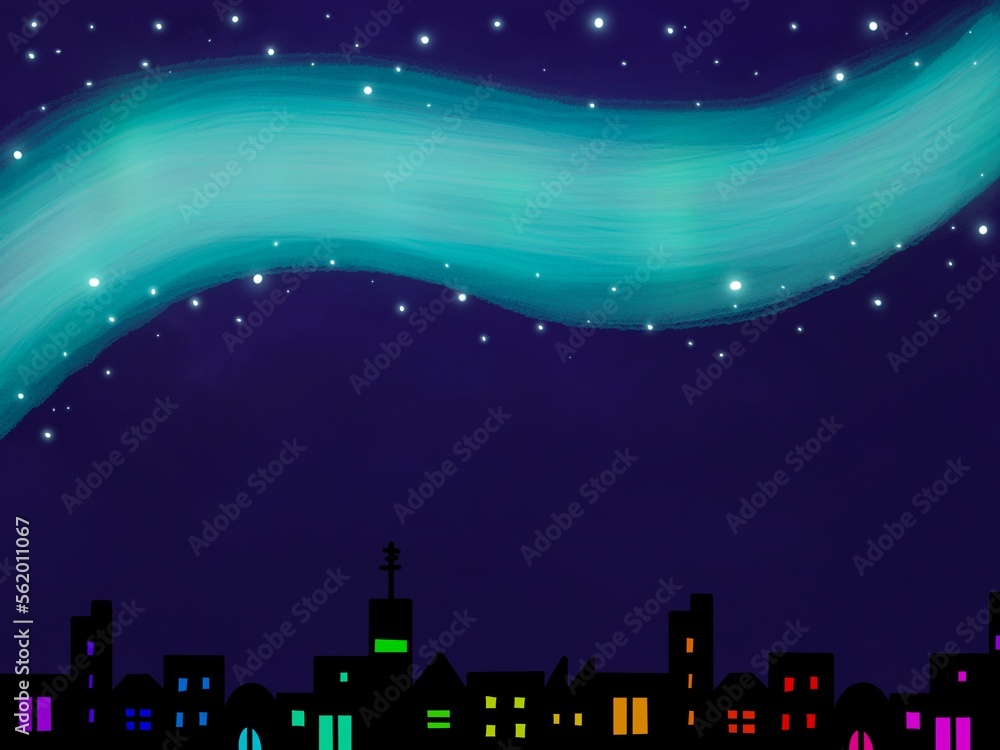 Fototapeta premium 銀河、オーロラの夜空とカラフルな明かりが灯る街並みの背景