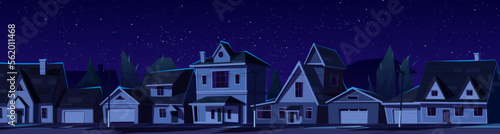 Suburban town street with dark houses at night. Vector cartoon illustration of district with residential buildings, trees and electricity lines under starry midnight sky. Blackout in city neighborhood