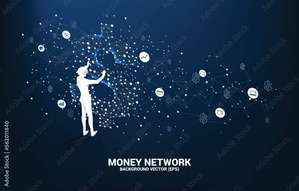 Silhouette businessman wear VR glasses with money dollar icon from Polygon dot connect line. Concept of digital virtual reality technology and AR .