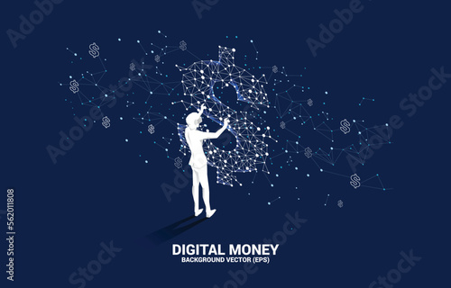 Silhouette businessman wear VR glasses with money dollar icon from Polygon dot connect line. Concept of digital virtual reality technology and AR .