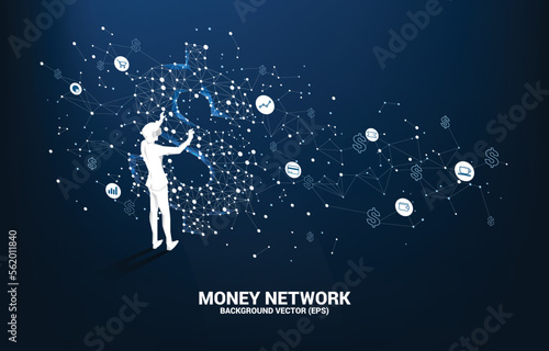 Silhouette businessman wear VR glasses with money dollar icon from Polygon dot connect line. Concept of digital virtual reality technology and AR . © Panithan
