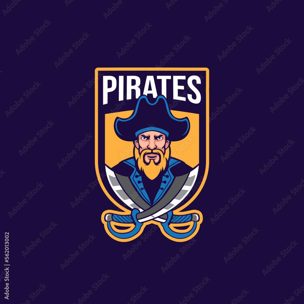 Pirate head mascot logo with two sword