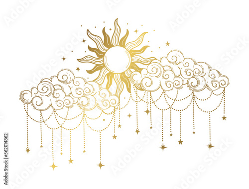 Astrological boho graphics, Heavenly golden sun with ornate clouds, zodiac sticker, mystical tattoo. Vector illustration isolated on white background.